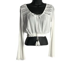 Womens Crochet Lace Fairy Crop Top Size S White Boho Flared Long Sleeve Tasseled